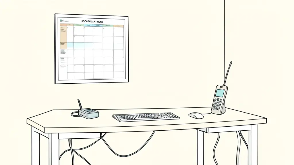 Bureau à domicile organisé avec un dictaphone numérique, un grand planning visuel au mur et des câbles rangés