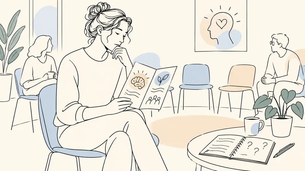 Adulte lisant un dépliant d'information sur le TDAH lors d'un groupe de soutien, carnet de questions et chaises en cercle
