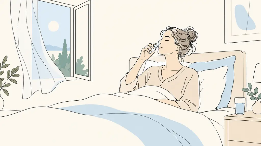 Adulte utilisant doucement un spray nasal salin près d'un verre d'eau, dans une chambre aérée avec un oreiller surélevé
