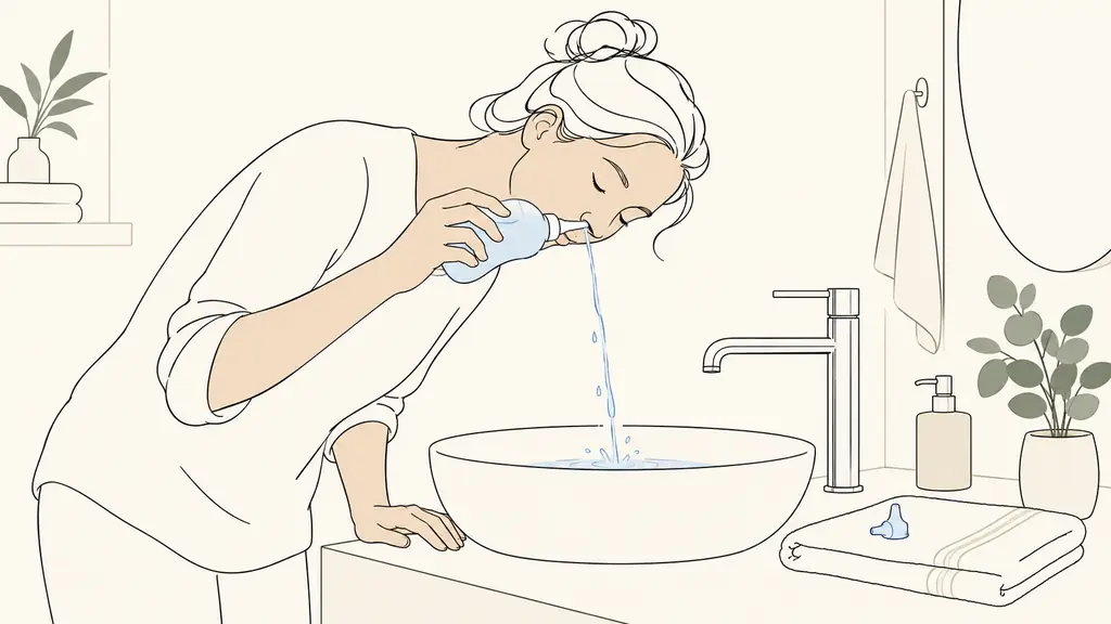 Adulte penché sur un lavabo qui rince une narine avec un flacon salin stérile, mains propres et embout mis à sécher