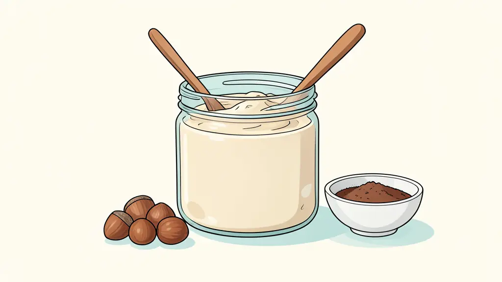 Pot en verre de crème de noisette maison avec une cuillère en bois et des noisettes grillées sur un plan de travail