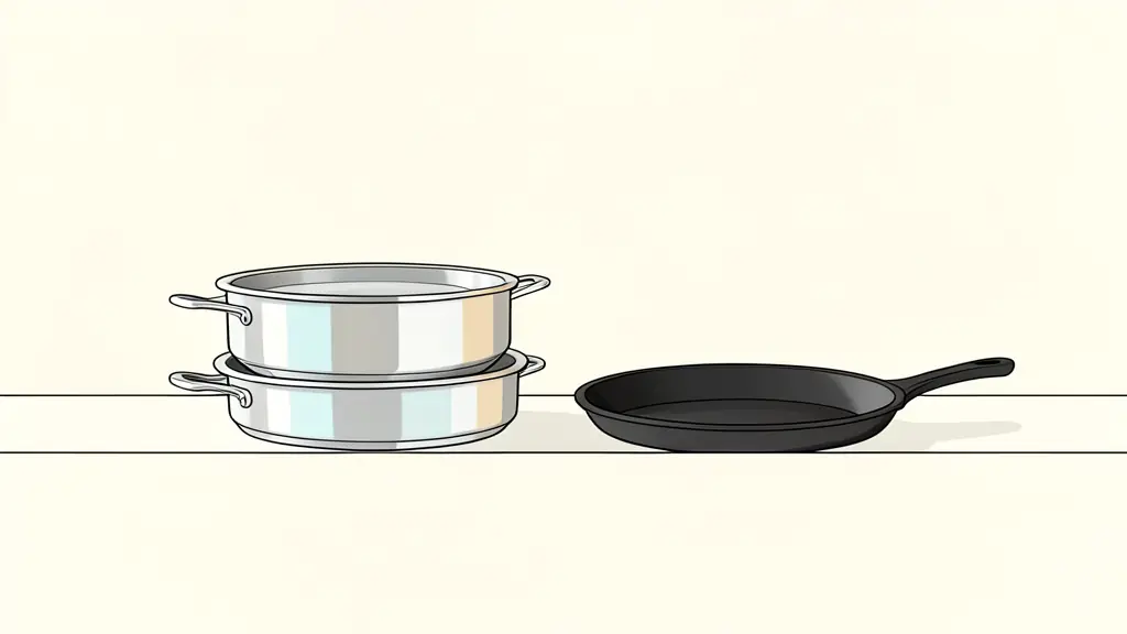 Batterie de cuisine en acier inoxydable et poêle en fonte posées sur un plan de travail moderne