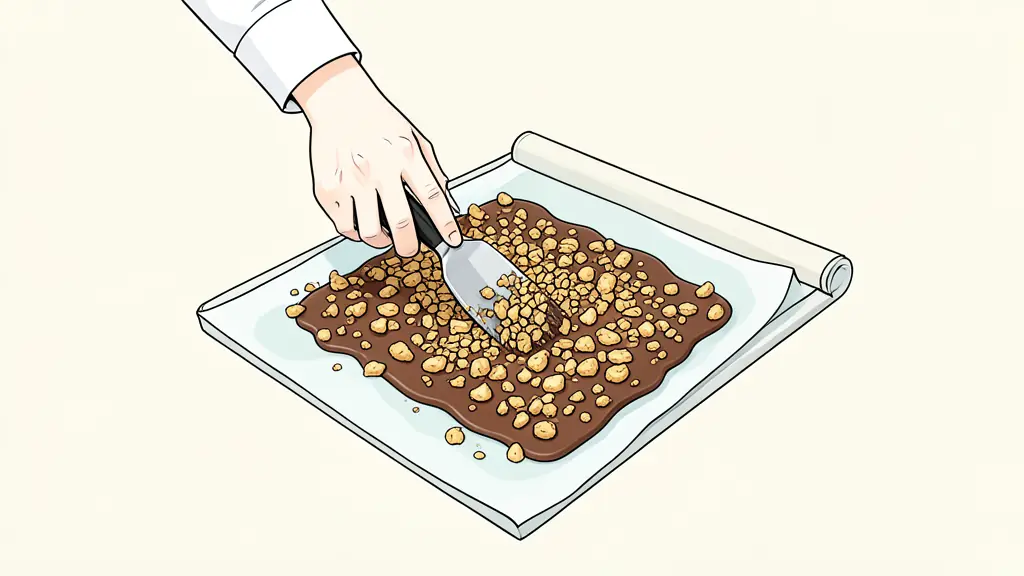 Un chef pâtissier étalant une couche de croustillant praliné aux éclats de crêpe dentelle sur du papier sulfurisé