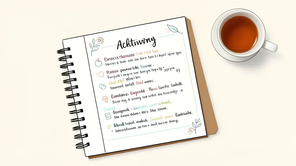Menu d'activités coloré écrit à la main sur un bureau en bois avec un bullet journal et une tasse de thé