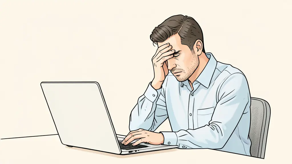 Adulte stressé dans un bureau face à un écran d'ordinateur avec du texte flou