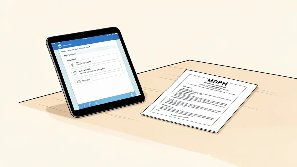 Tablette avec correcteur orthographique et document administratif de la MDPH sur un bureau professionnel