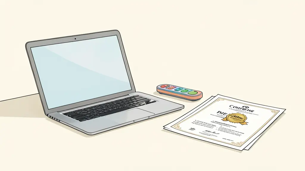 Bureau avec un ordinateur portable, un outil d'entraînement cognitif coloré et un diplôme à sceau doré