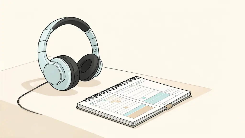Casque antibruit et agenda numérique sur un bureau pour organiser ses démarches de reconnaissance du handicap invisible