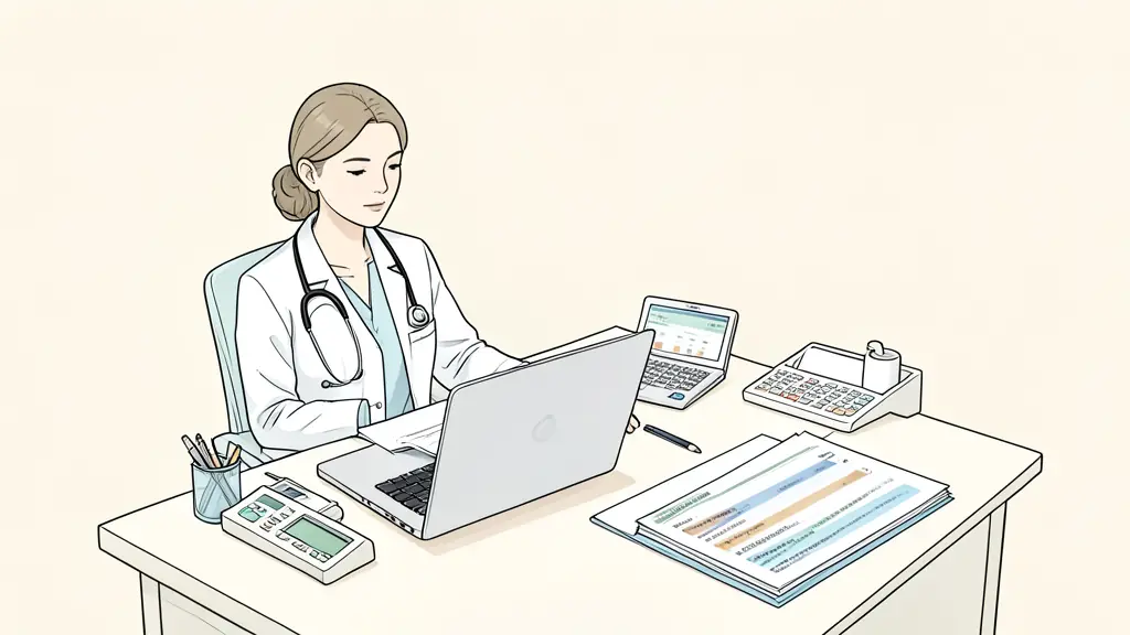 Bureau de neuropsychologue avec du matériel de tests cognitifs standardisés sur un bureau dans un cadre clinique calme