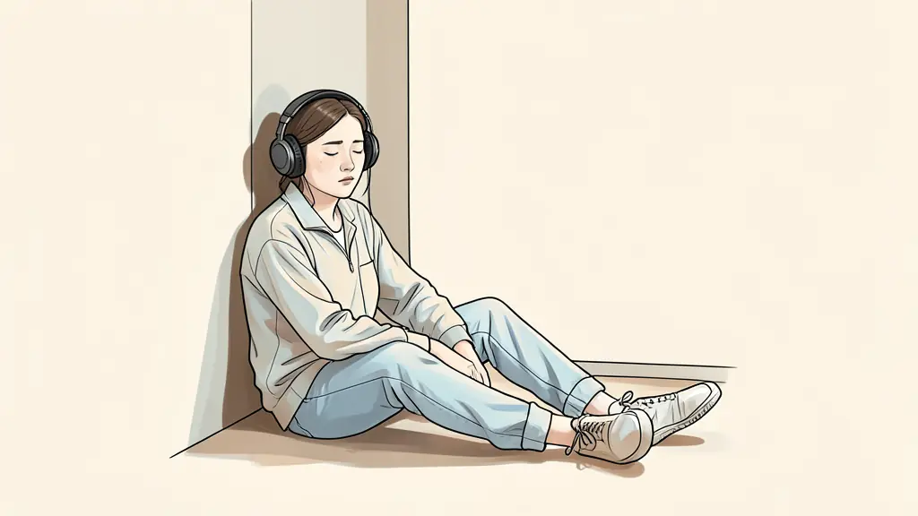 Personne assise par terre dans une pièce peu éclairée, adossée à un mur, yeux fermés, casque antibruit sur les oreilles