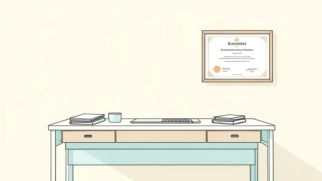 Bureau de psychopédagogue avec matériel éducatif et certificat de qualification au mur