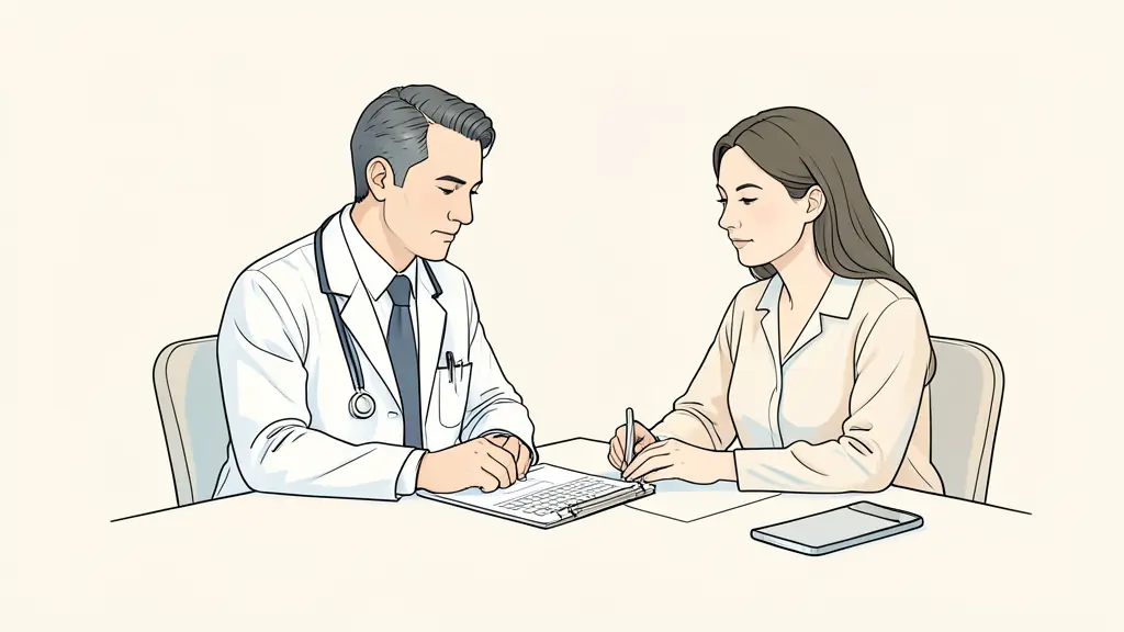 A professional medical consultation scene, a doctor and an adult patient discussing a prescription on a desk, focused and calm atmosphere, editorial style
