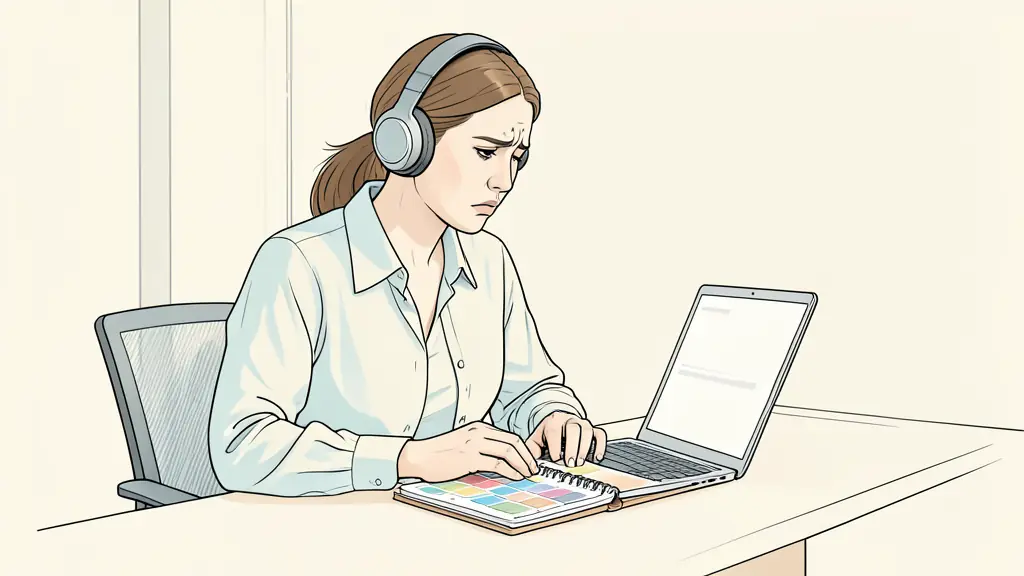 Femme stressée au bureau portant un casque antibruit et consultant un agenda coloré et structuré