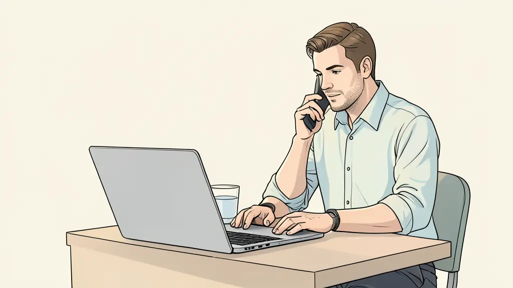 Adulte faisant une pause près d'un bureau après un appel stressant, mains près d'un ordinateur fermé et verre d'eau