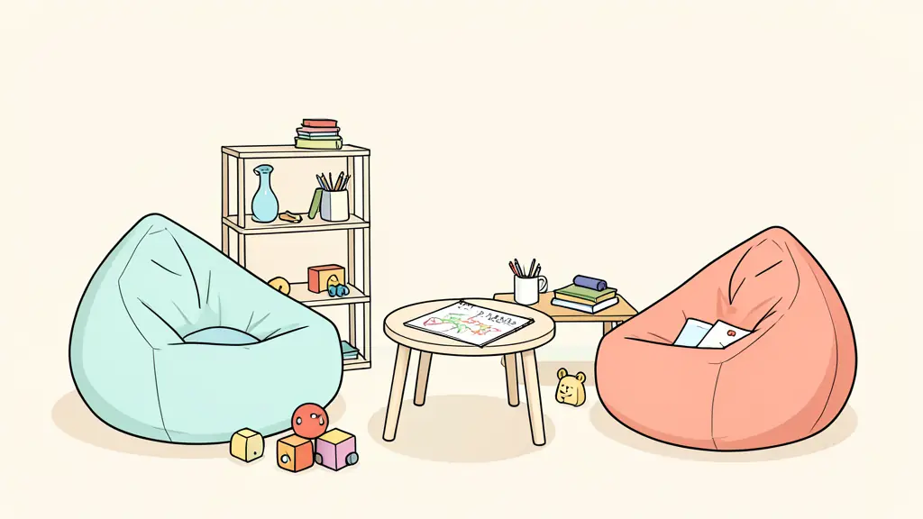Cabinet de psychologue pour enfants accueillant, avec poufs colorés, jouets et petite table avec papier à dessin