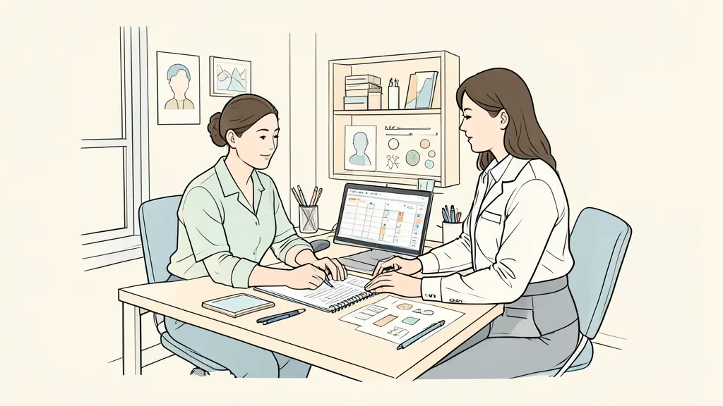 Un ergothérapeute aidant un adulte à organiser son espace de travail avec des aides visuelles
