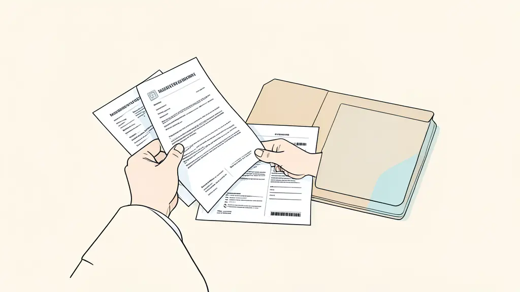 Adulte lisant un courrier de remboursement de santé près de factures médicales et d'un dossier bien rangé