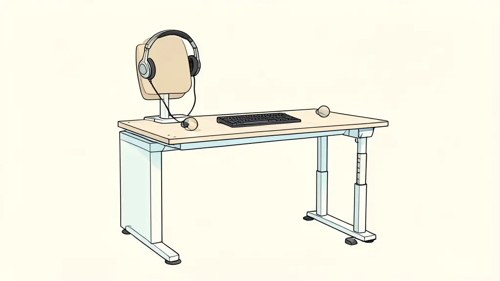 Bureau avec un casque antibruit, un bureau réglable en hauteur debout et une petite balle anti-stress
