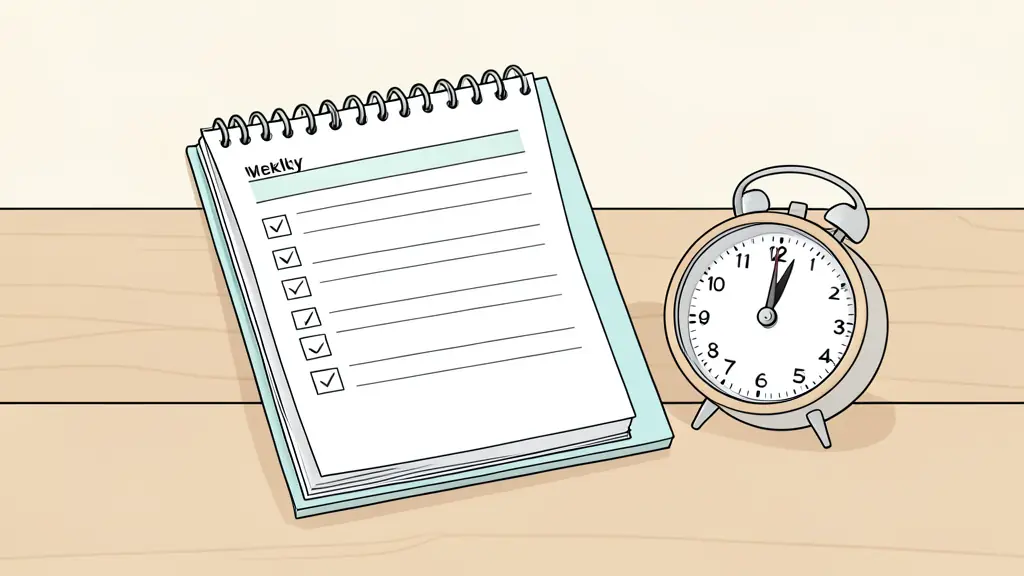 Gros plan d'un planning hebdomadaire avec une liste simple et un minuteur posé à côté sur un bureau en bois