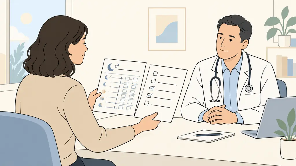 Adulte montrant un carnet de sommeil manuscrit et une liste de tâches inachevées à un médecin de l'autre côté du bureau
