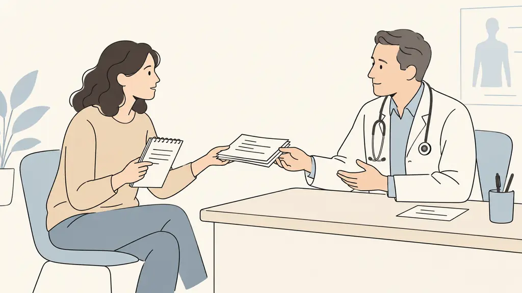 Adulte remettant des comptes rendus médicaux à son médecin généraliste, notes sur ses symptômes et ses difficultés au travail