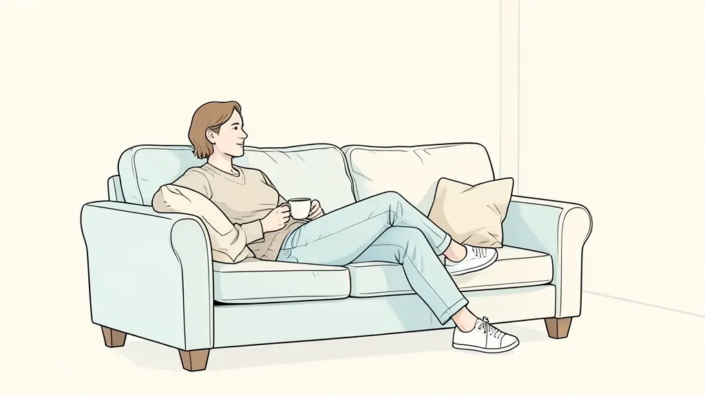 Parent détendu sur un canapé confortable avec une tasse de thé, dans une ambiance paisible et lumineuse
