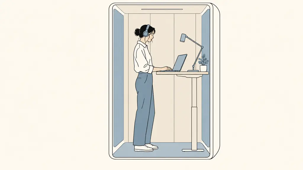 Adulte travaillant dans une cabine acoustique calme avec casque antibruit, lampe de bureau réglable et bureau debout