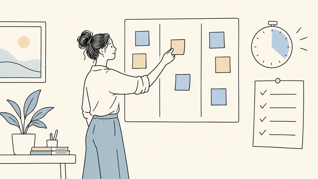Adulte déplaçant un pense-bête sur un tableau Kanban à trois colonnes, à côté d'un minuteur visuel et d'une liste manuscrite