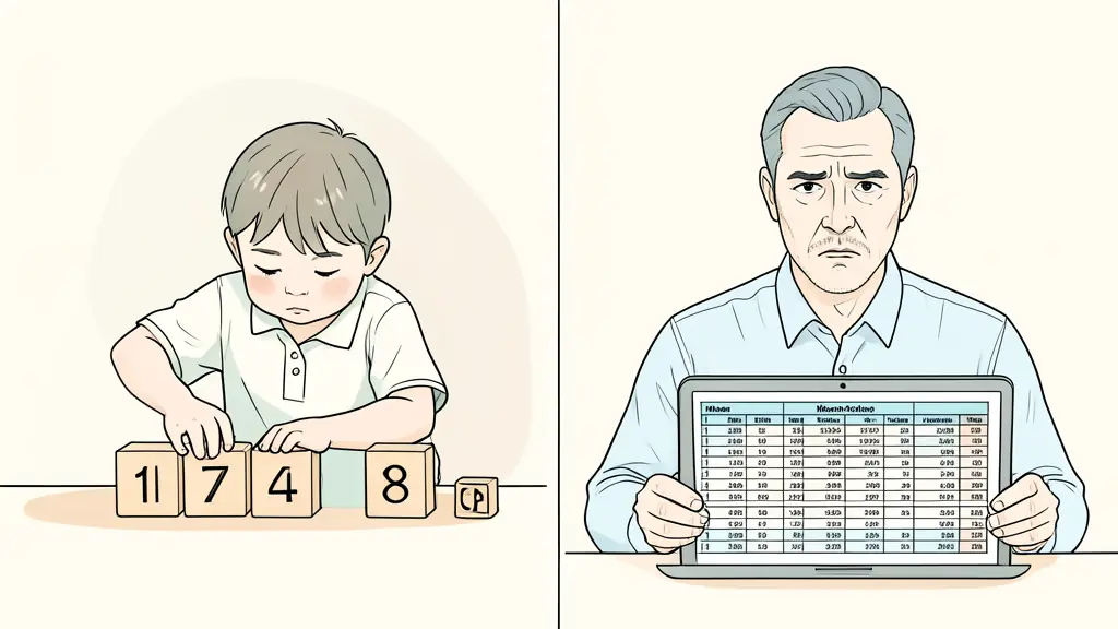 Écran partagé entre un enfant en difficulté avec des cubes numérotés et un adulte stressé devant un budget mensuel