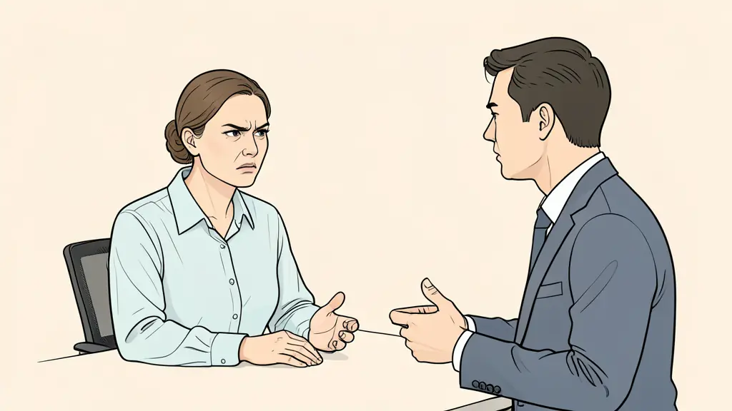 Employé adulte en discussion tendue avec son manager dans un bureau, l'air buté et sur la défensive