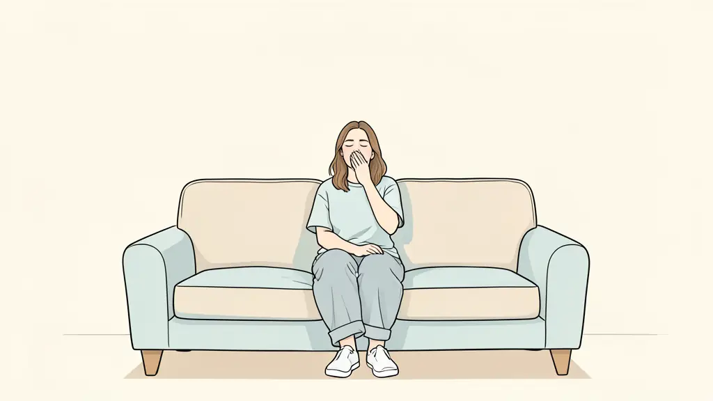 Personne assise calmement sur un canapé dans un intérieur paisible, respirant profondément les yeux fermés